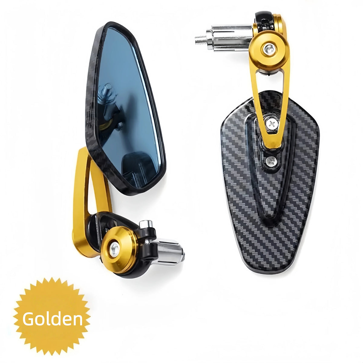 Golden carbon fiber rearview mirrors for motorcycles with brass mounting hardware