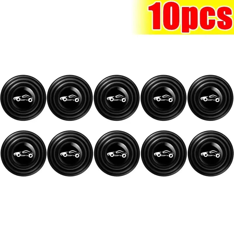A set of ten black silicone car door shock absorber pads for anti-collision bumpers.