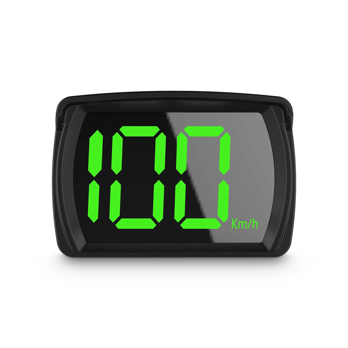 Compteur numérique noir affichant 100 Km/h sur fond vert.