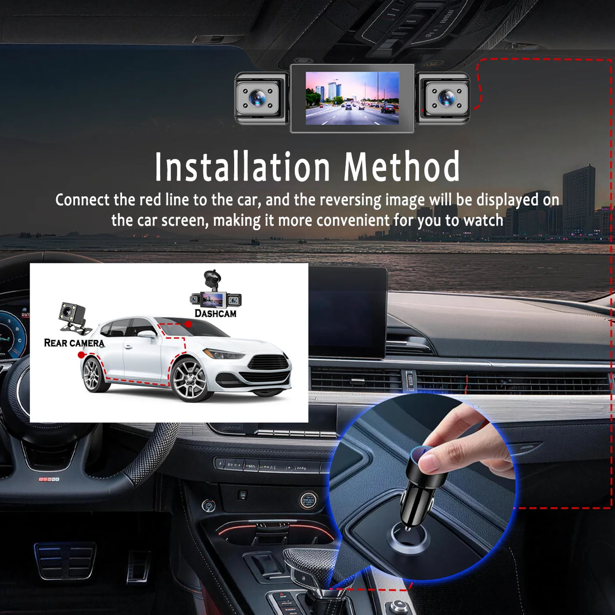 Installation method showing a rear camera setup for a car dashcam