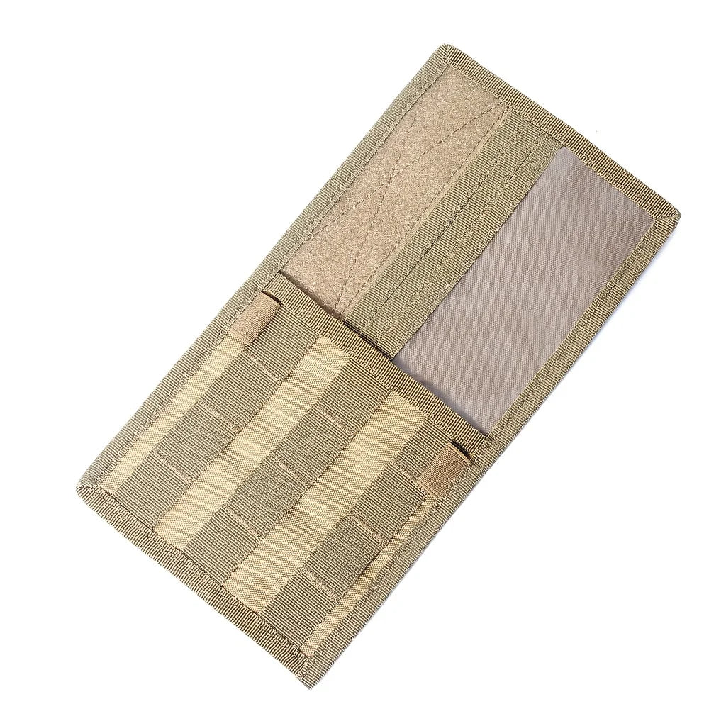 Tactical visor organizer with MOLLE pouch featuring tan and gray fabric strips.