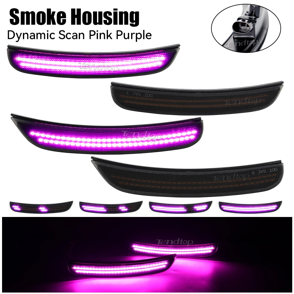 Pink purple LED side marker lights with dynamic scan feature shown in various forms and a close-up view.