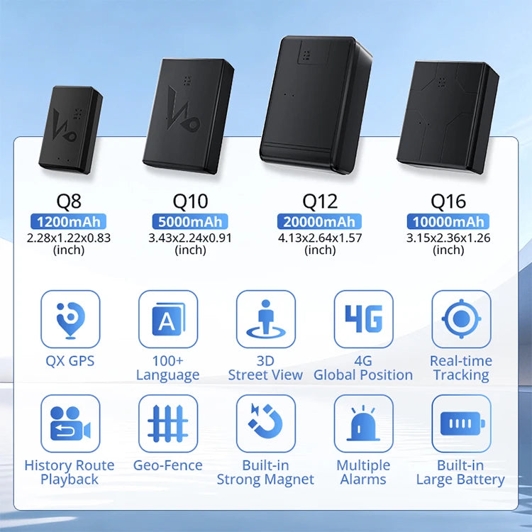 Localisateur GPS voiture noir 4G avec batteries Q8, Q10, Q12 et Q16, fonctionnalités GPS, 4G et alarme