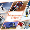 A collage showing various multifunction goggles used for motocross, cycling, and winter sports.
