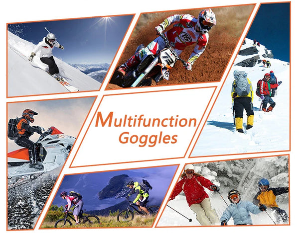 A collage showing various multifunction goggles used for motocross, cycling, and winter sports.