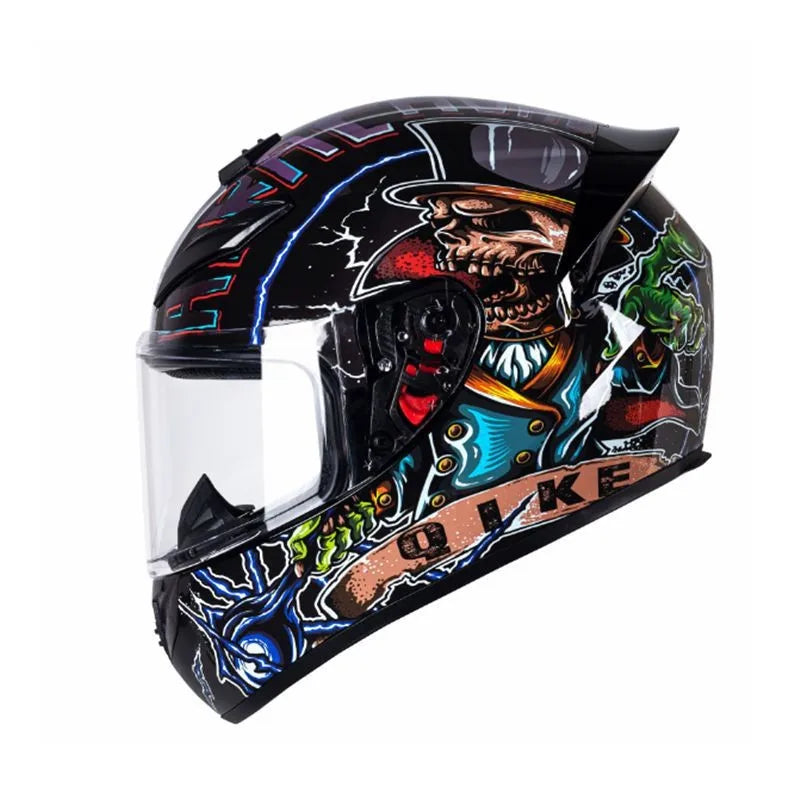 A black and silver universal motorcycle helmet with a skull design and racing style features.