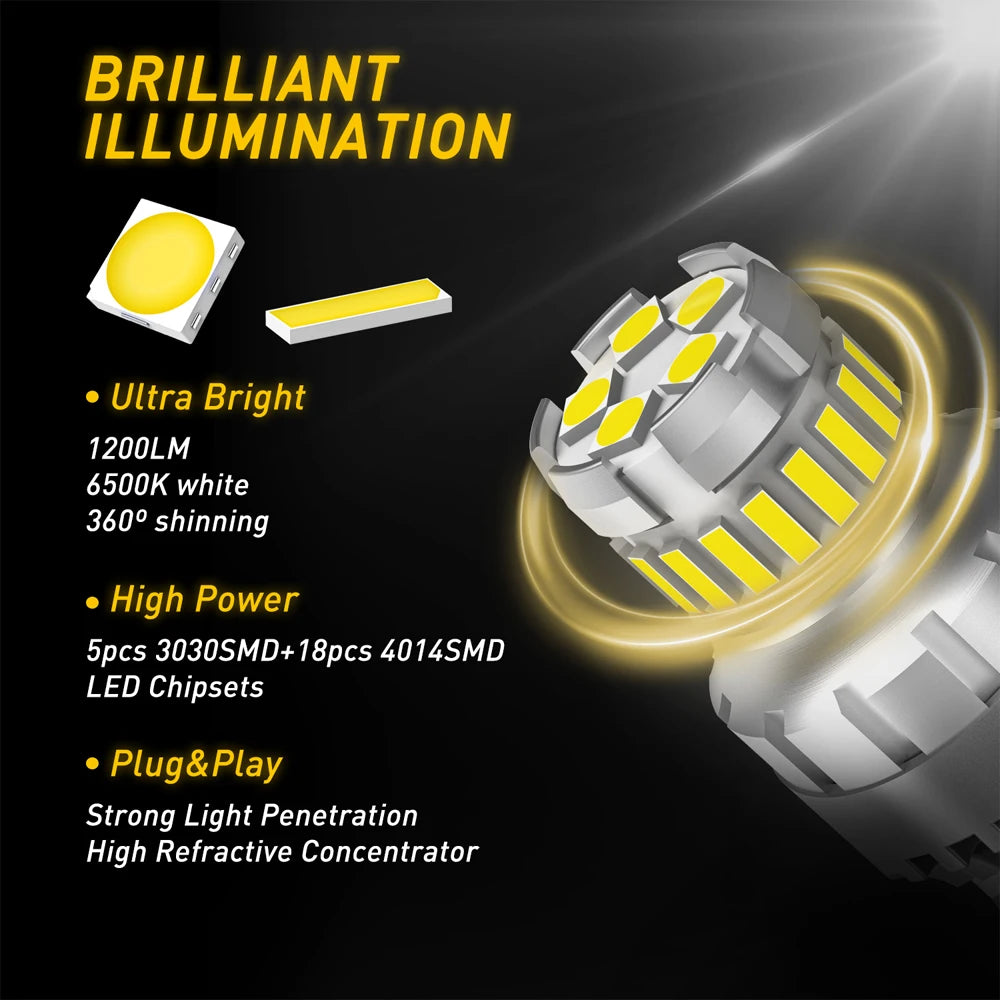 A close-up view of a bright LED illumination light bulb with multiple yellow emitters, highlighting its power and features.
