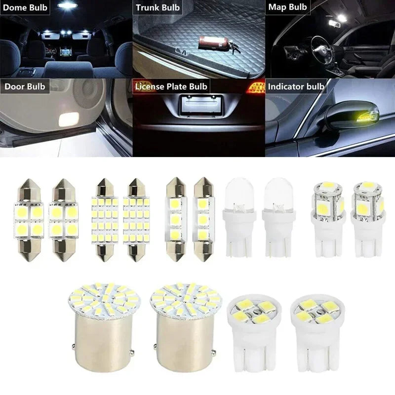 Various types of 12V car interior LED bulbs including dome, trunk, license plate, and indicator lights