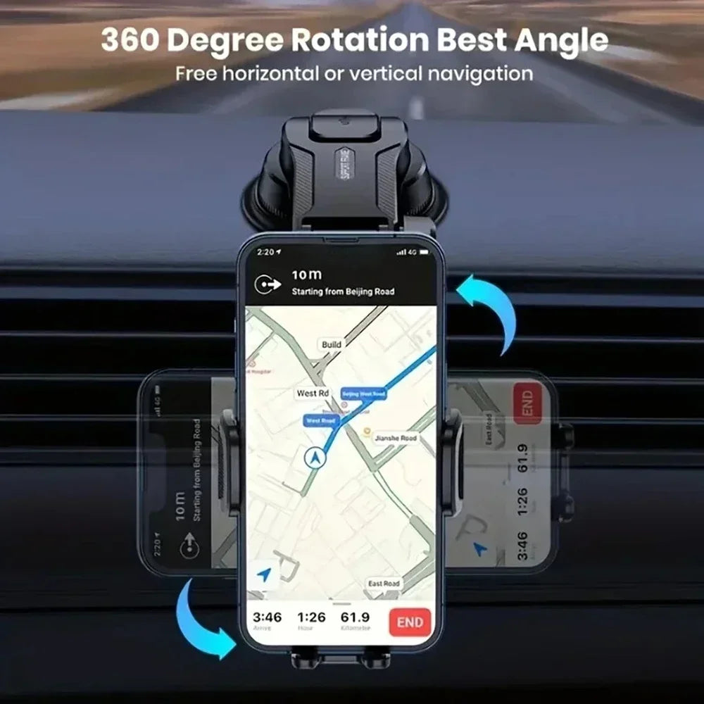 A phone is mounted on a car windshield with an extension rod, showing navigation directions on the screen.
