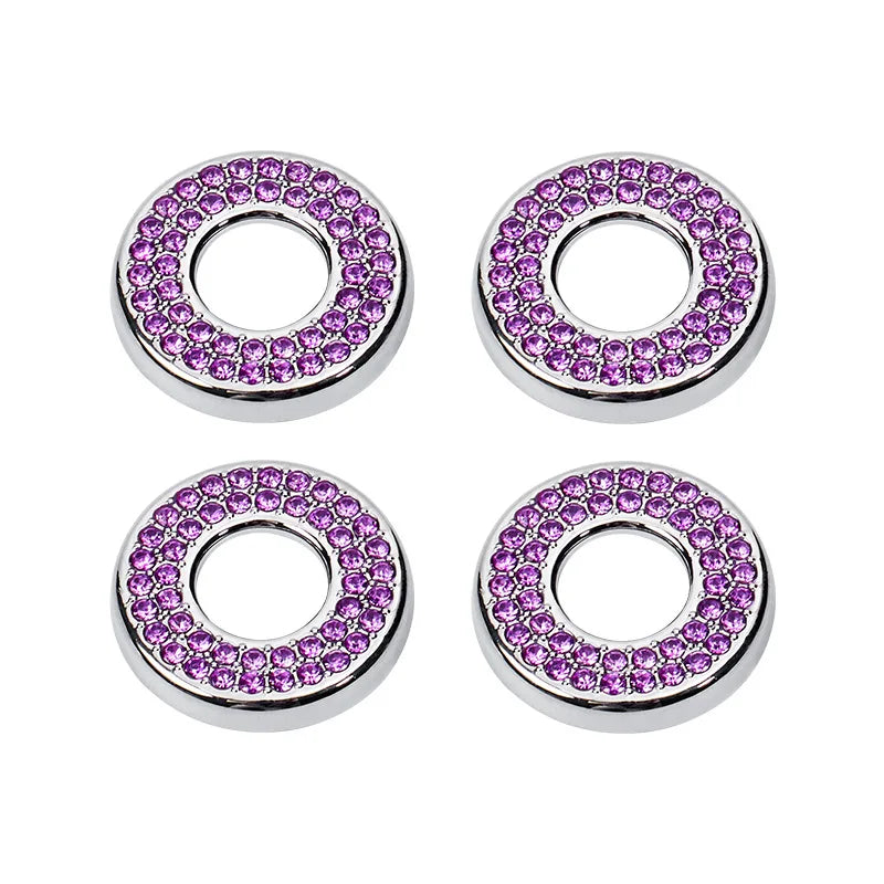Four silver round door lock decorations encrusted with purple rhinestones
