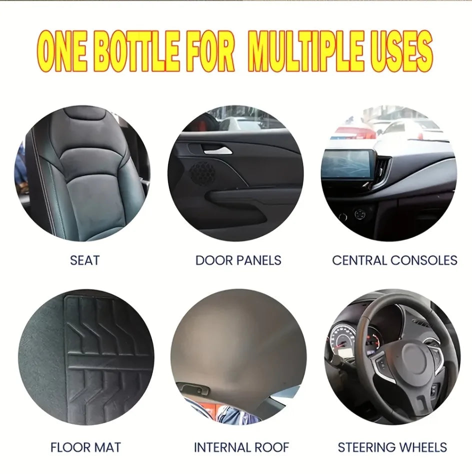 A collection of automotive cleaning products including a seat, door panels, central consoles, floor mat, internal roof, and s