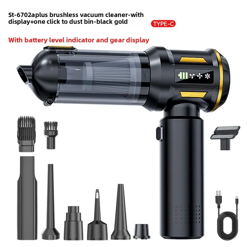 Black cordless handheld vacuum cleaner with display and dust bin components shown on a white background.