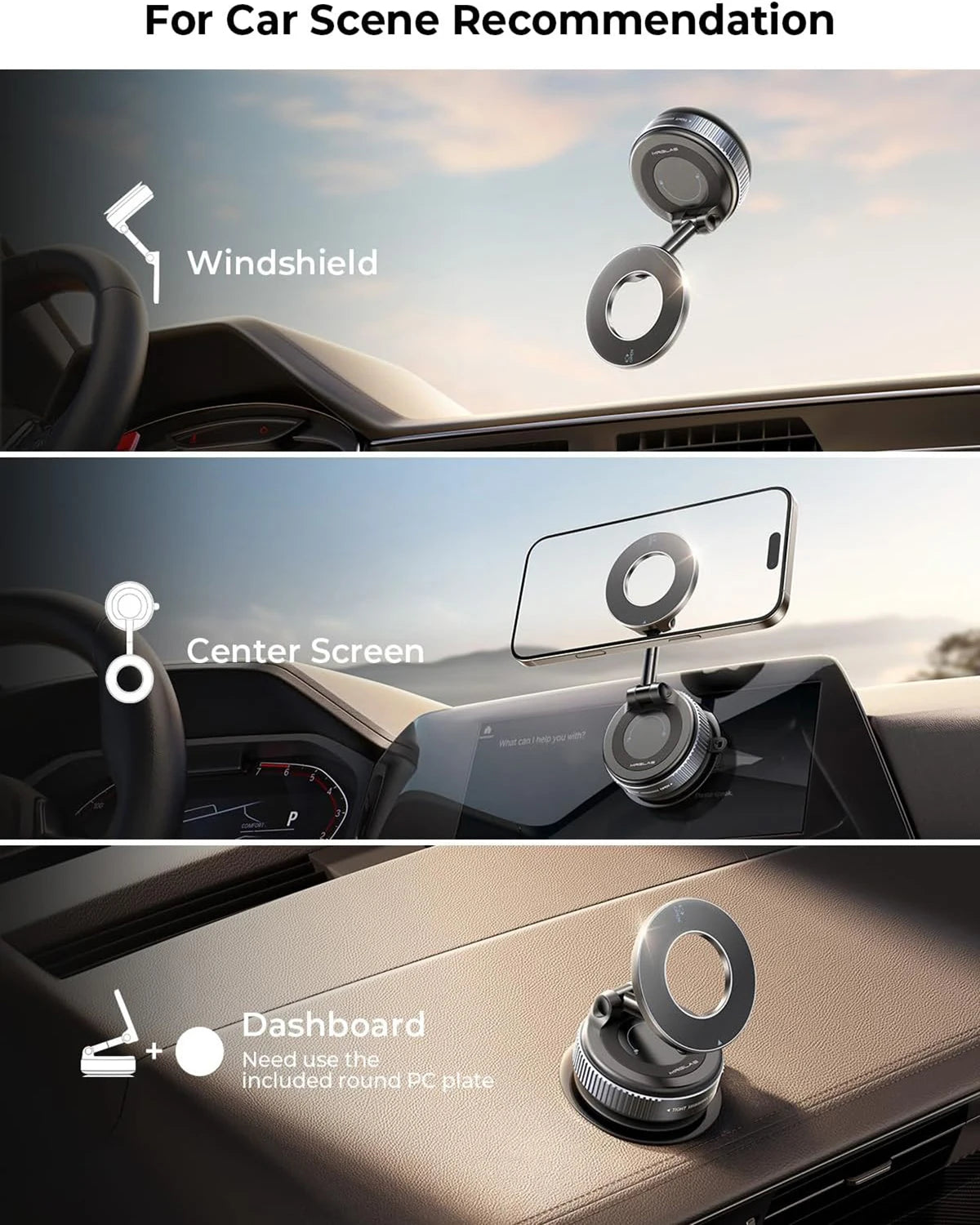 A set of magnetic phone holders for car scene recommendation, including a windshield mount, center screen mount, and a dashbo