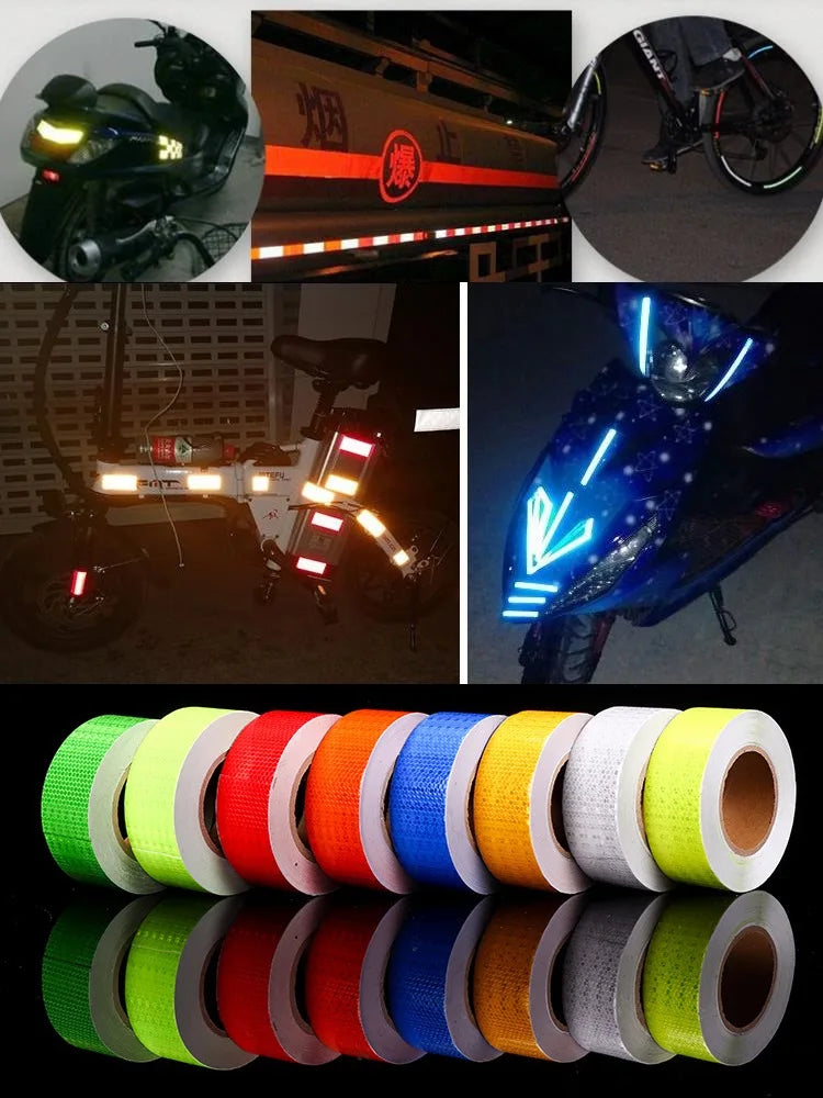 Rollos de cinta de advertencia de PVC reflectante en varios colores como verde, amarillo, rojo, naranja y azul.