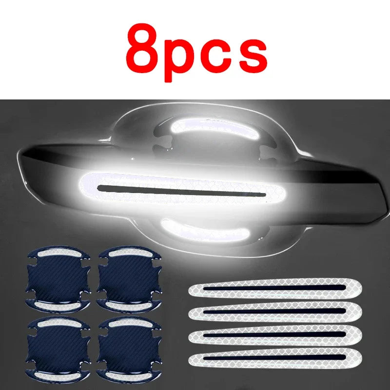 Eight reflective stickers designed to protect car door handles and provide visibility.
