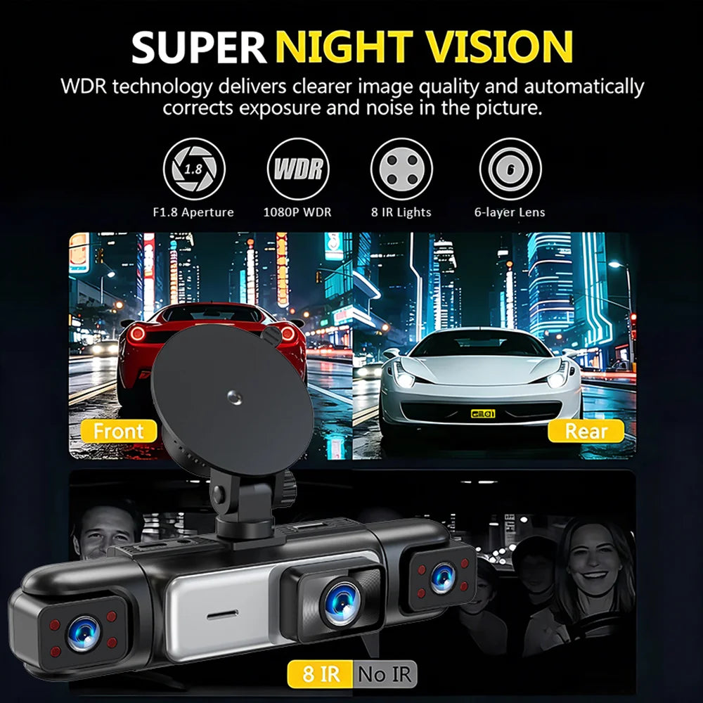 A black car dash cam with night vision features is shown, displaying a front and rear view of a car.