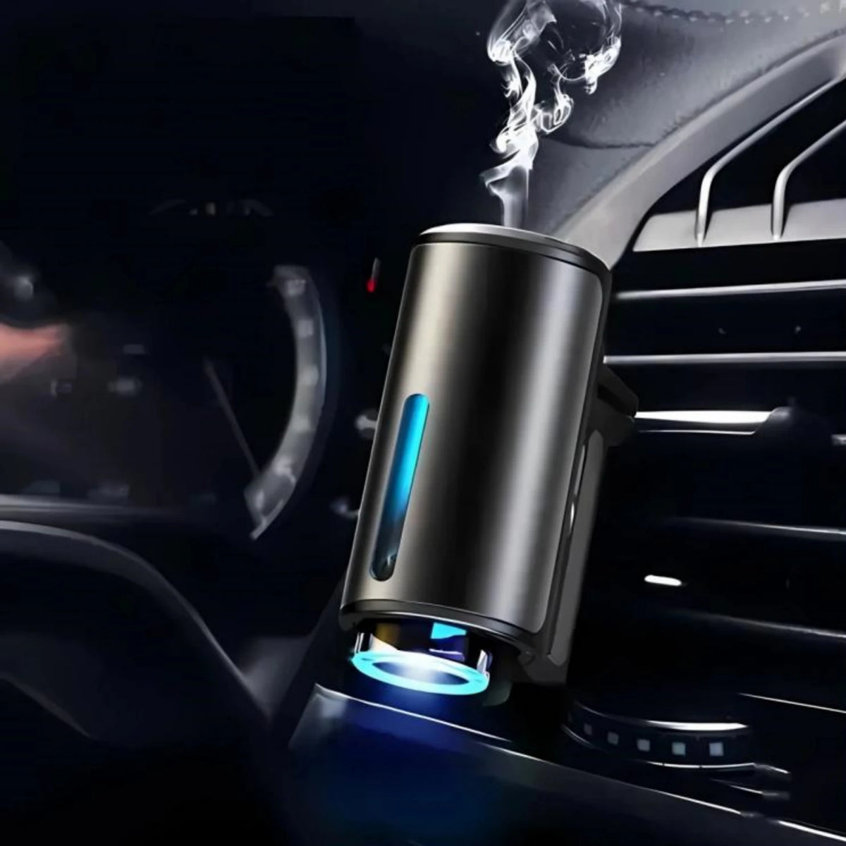 A portable car air freshener emitting smoke is placed in a car vent.