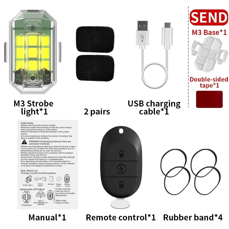 M3 strobe warning lights with USB charging cable and remote control