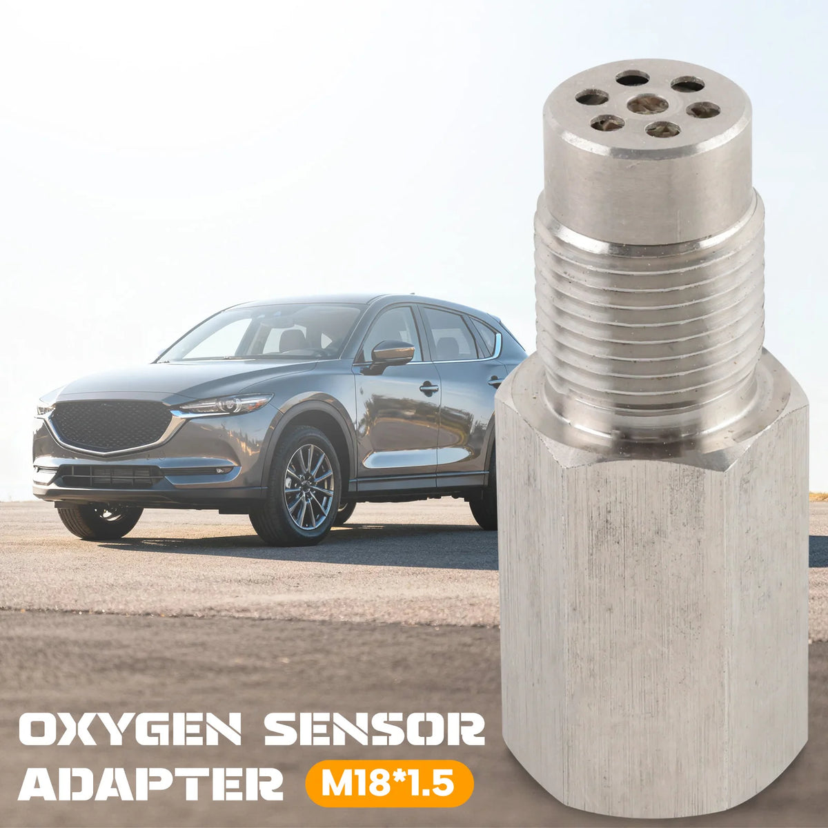 A silver oxygen sensor adapter fitting for vehicle diagnostics, shown next to a Ford Edge SUV.