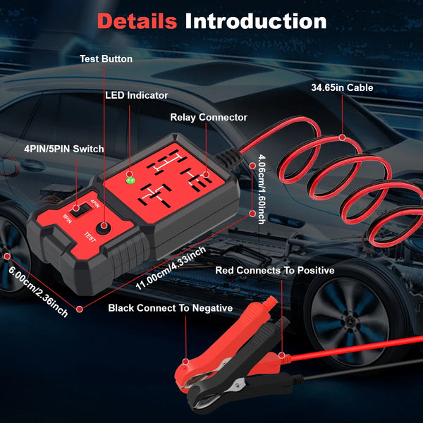 A close-up view of a universal automotive relay tester with various connectors and indicators shown in a car context.