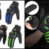 Various black and neon green motorcycle gloves and a protective glove are shown in different angles.