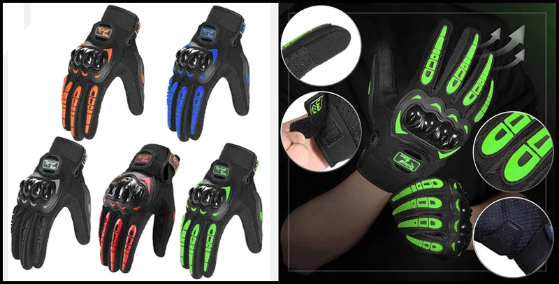 Various black and neon green motorcycle hand protection gloves shown in different angles and contexts.