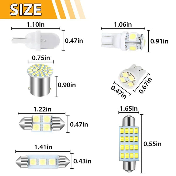 Various sizes of LED dome and map lights for car interiors, shown with dimensions.