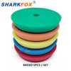 A set of five colored polishing sponge pads for car buffing, including green, orange, yellow, blue, and red.