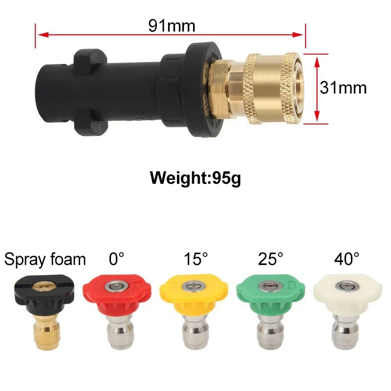 A set of five multi-color spray foam nozzles for car washing, including black, red, yellow, green, and white.