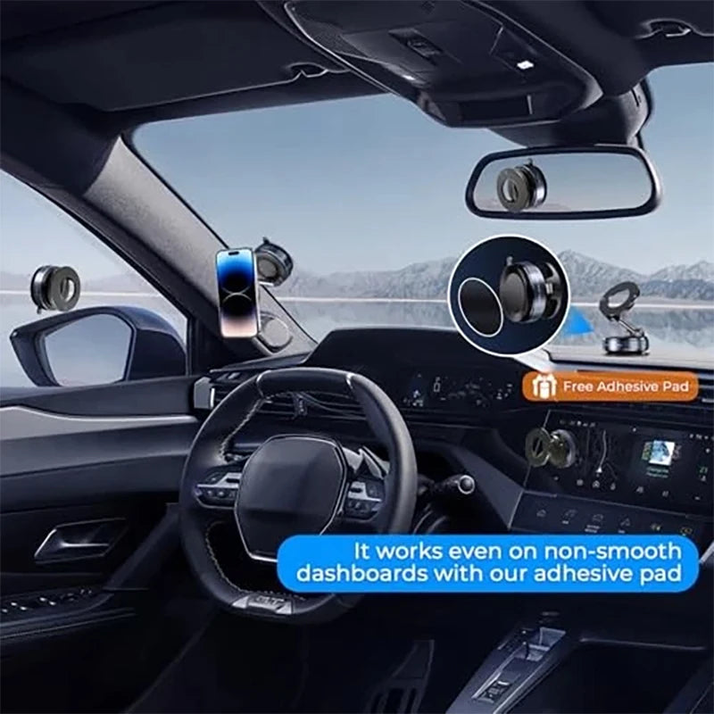 A close-up view of a 360° rotating magnetic phone mount installed in a car's interior, demonstrating its use on various dashb
