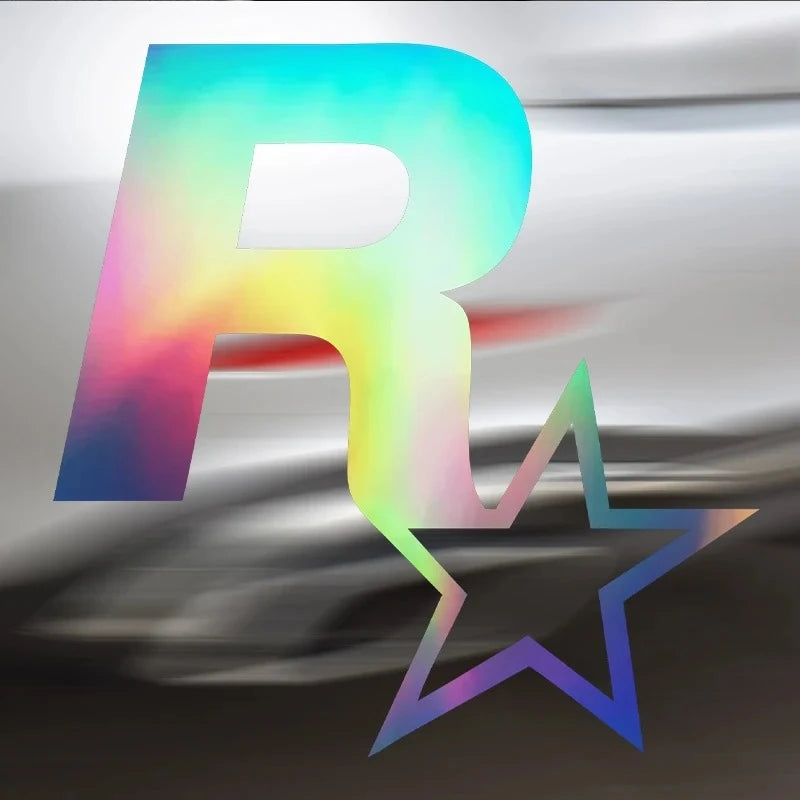 A colorful letter R and a five-pointed star design with a gradient effect on a reflective surface.