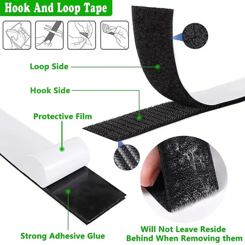 Diagram showing the sides of hook and loop tape, including protective film and strong adhesive glue.