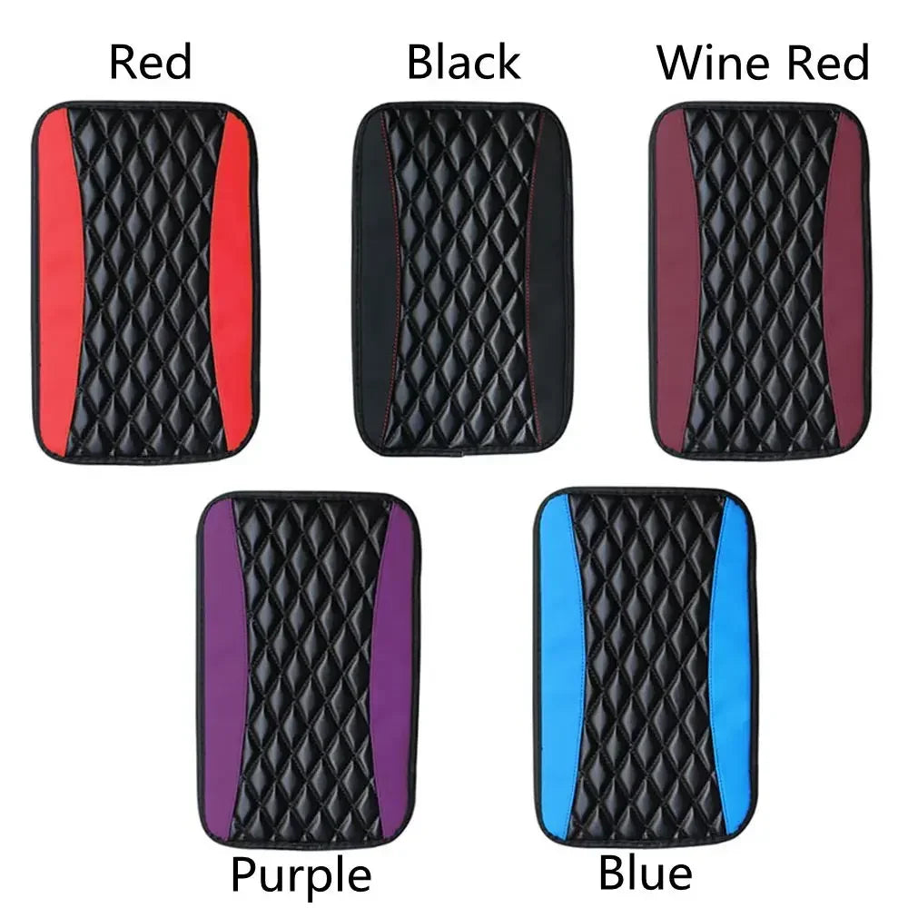 A set of four quilted car armrest protector pads in Red, Black, Wine Red, Purple, and Blue.
