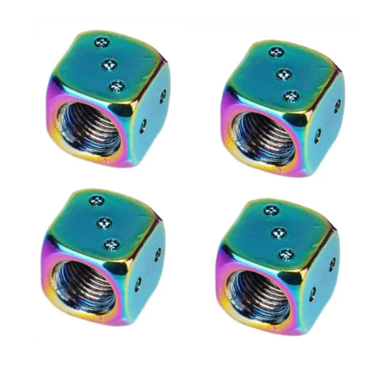 A set of four hexagonal aluminum alloy tire valve caps with iridescent blue and purple finishes.