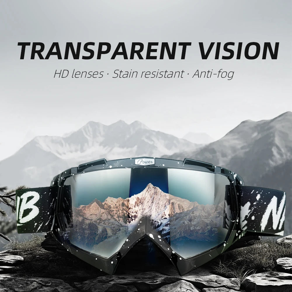 Ein Paar transparente Schutzbrille und Offroad-Goggles auf einer felsigen Outdoor-Oberfläche.