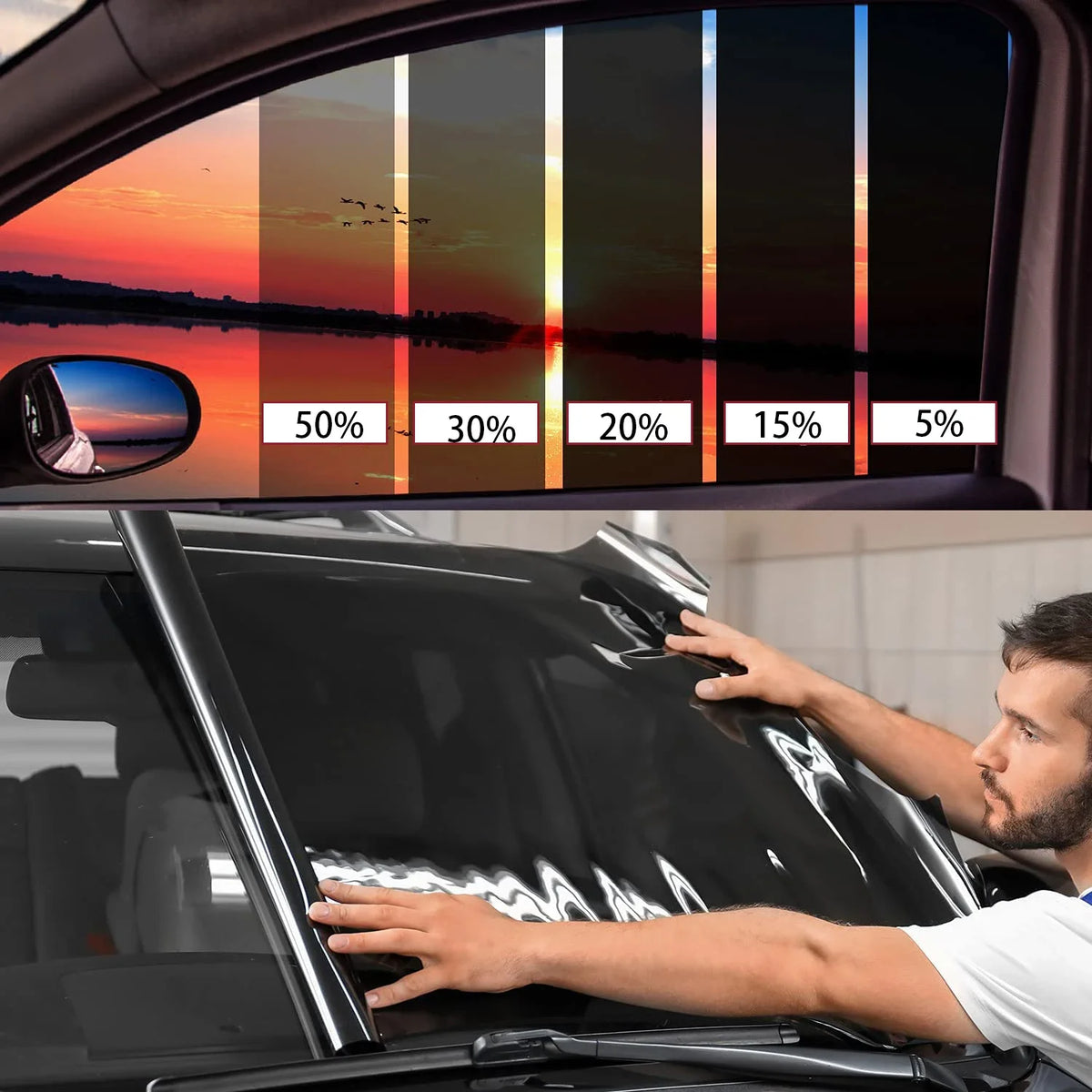 Eine Person appliziert eine Hochleistungs-Fensterfolie auf ein Auto, wobei verschiedene Tönungsgrade demonstriert werden.