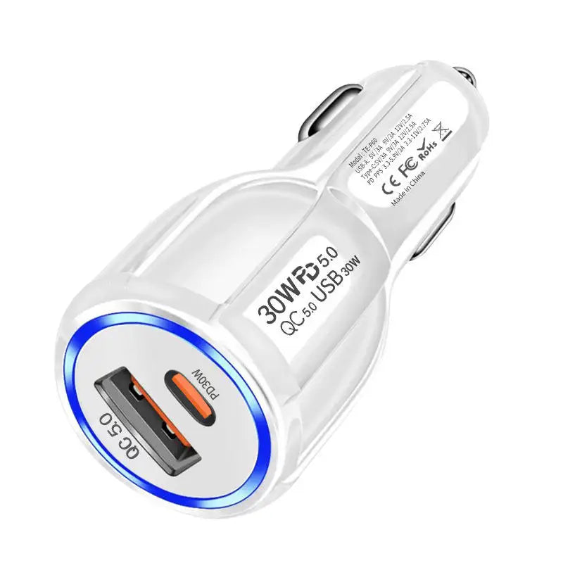 A white 30W dual-port USB-C car charger featuring PD and Quick Charge 3.0 ports.