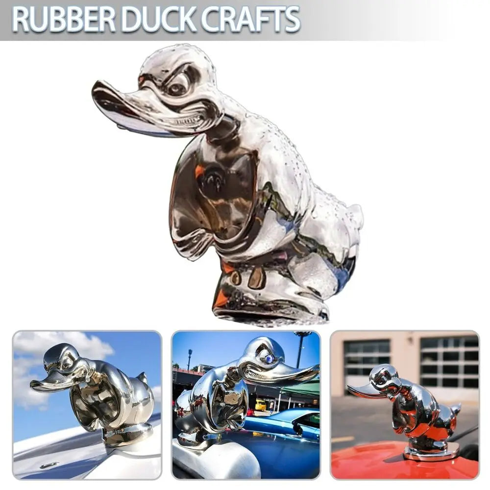 A chrome rubber duck hood ornament is shown in various angles on a car and motorcycle.