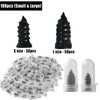 A collection of small and large black tire repair needles and various sized glass tubes for puncture repair.