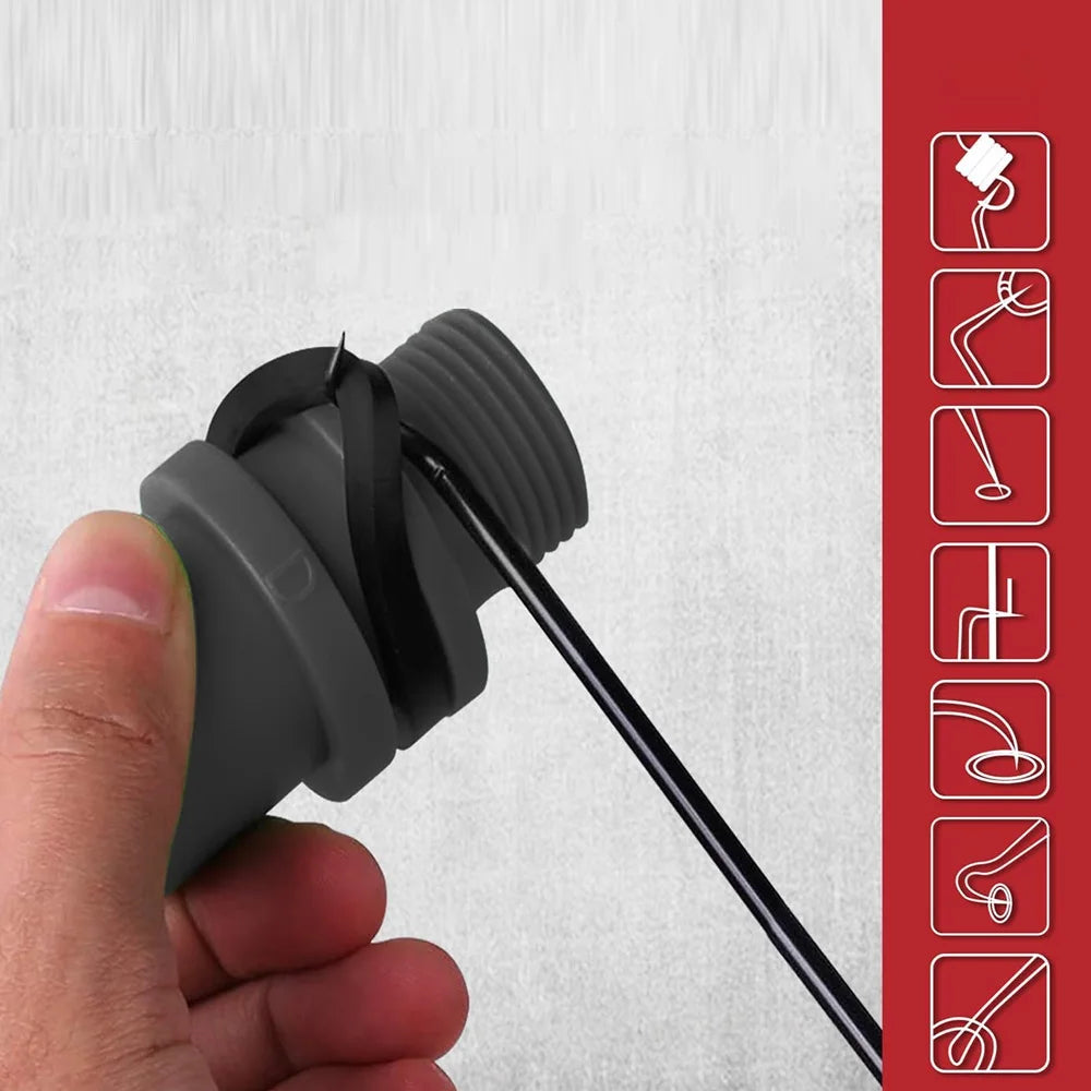 A hand is holding a black precision oil seal and O-ring removal hook set with various tools displayed in a red panel.