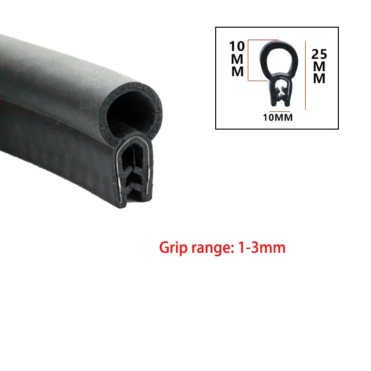 A close-up view of a black U-shaped door edge seal strip with a metal hook for grip.