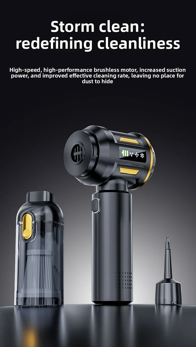 A black cordless handheld vacuum cleaner with a gold accent is shown against a dark background.