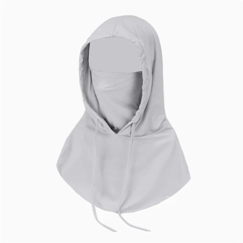 A light gray UV protection cooling balaclava face mask with a hood and drawstring detail.