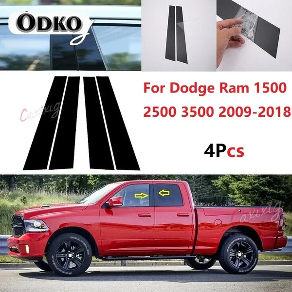 Gloss black door window trim cover for a Dodge Ram 1500 truck.