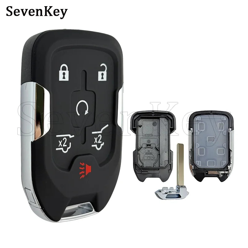 A black replacement smart key fob shell with a silver trim and a metal blade is shown.