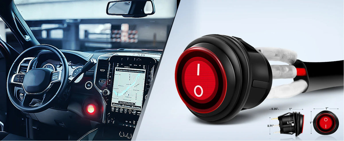 Close-up of a red toggle switch for a high-intensity LED light bar used in an off-road vehicle context.