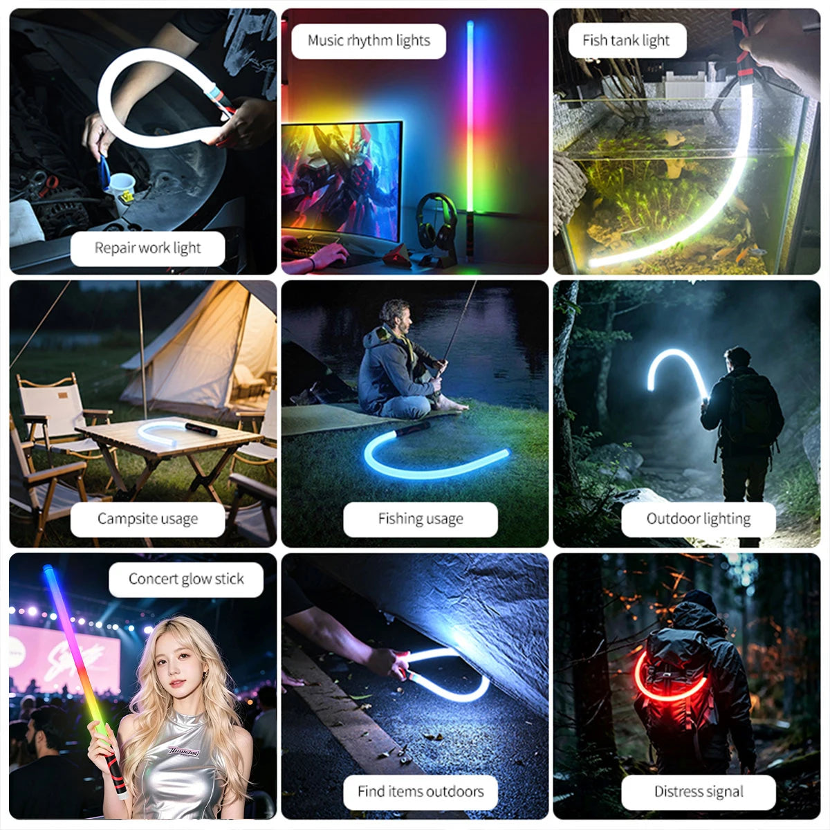 A collection of images showing various uses of a flexible USB rechargeable LED light including repair work, fishing, outdoor 