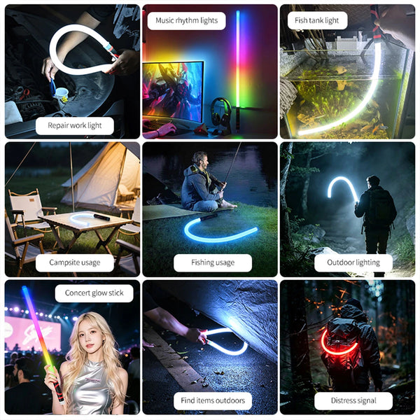 A collection of images showing various uses of a flexible USB rechargeable LED light including repair work, fishing, outdoor 