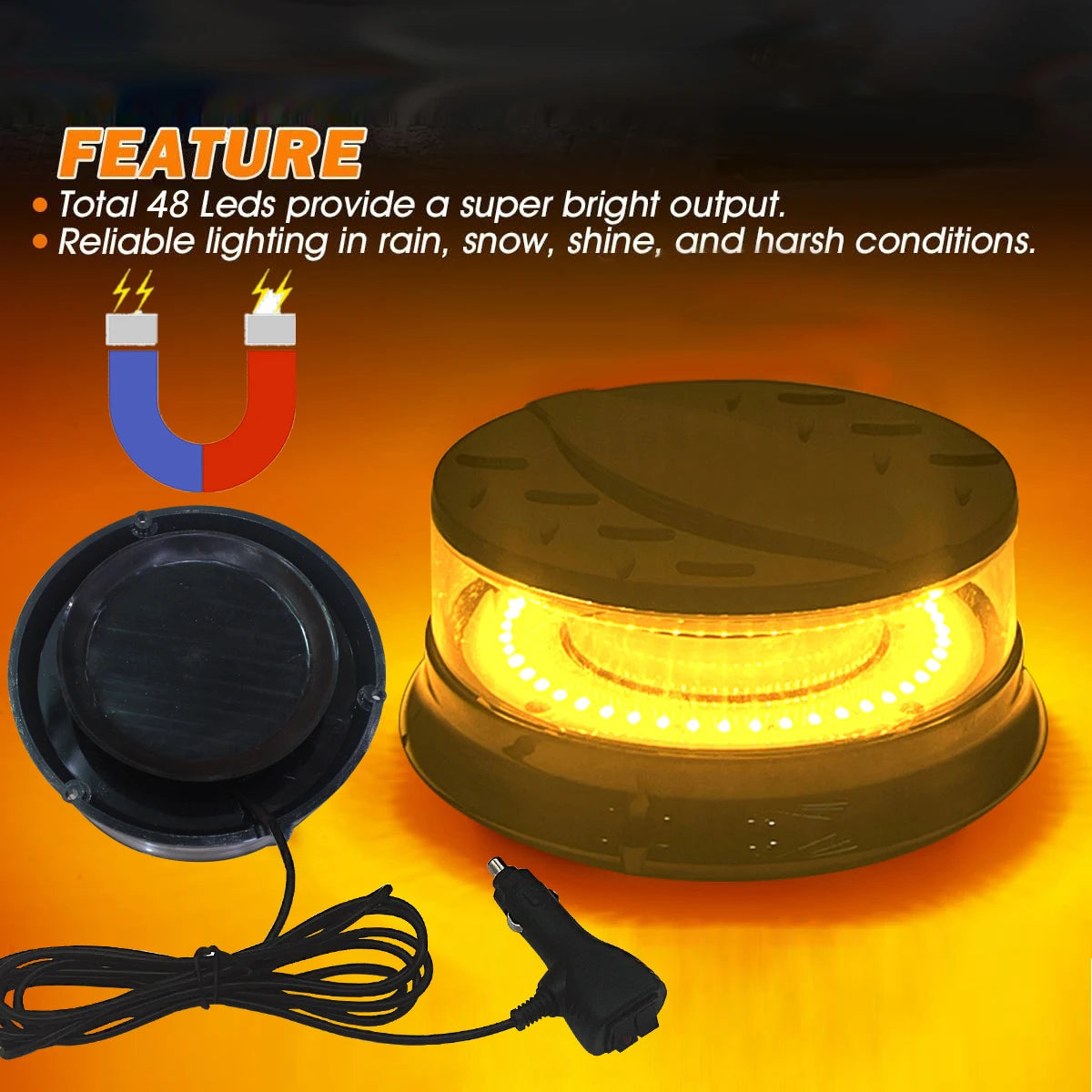 An emergency LED strobe light with a yellow lens and black casing is shown next to its power cord.