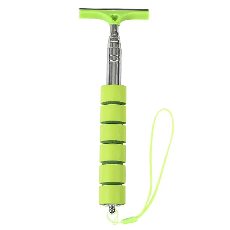A bright lime green universal car and glass cleaning tool set with a long handle and flexible cord.